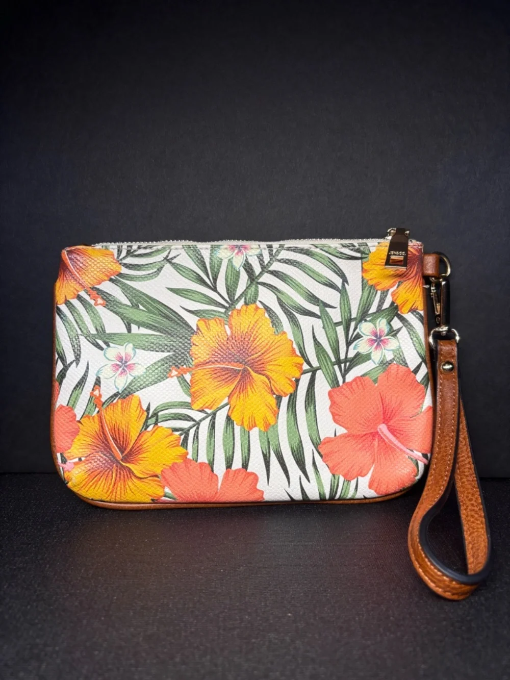 LeatherTropical Floral Wristlet Clutch Palm Hibiscus Print Zip Pouch Summer Bag